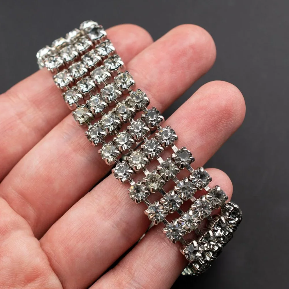 Wide rhinestone tennis bracelet, statement clear crystal bracelet 60s vintage